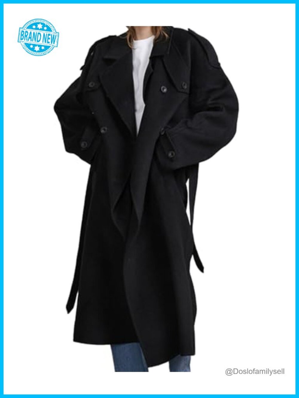 Wool Blend Double Breasted Long Trench Coat Belted Notch Lapel Winter